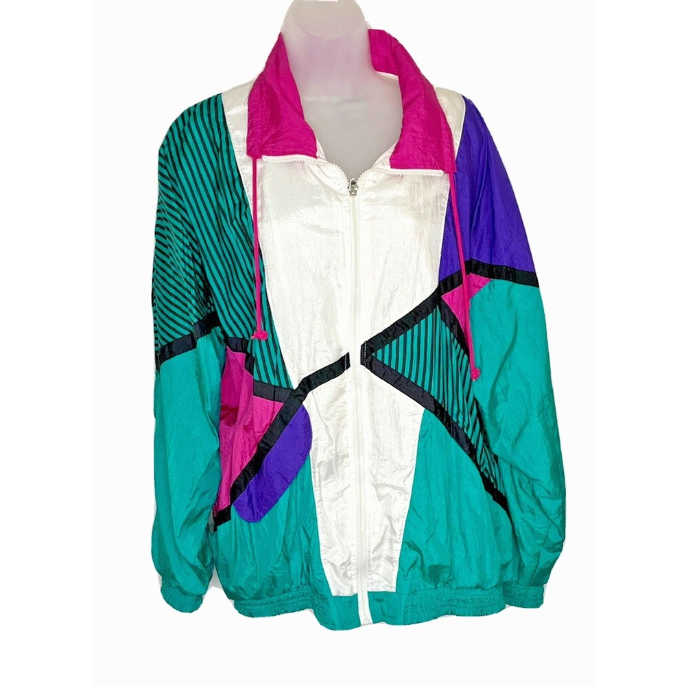 Vintage Casual Isle Womens  Windbreaker XL Zip Up Colorblock Pink Purple Nylon‎